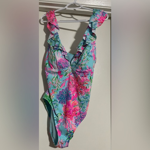 Lilly Pulitzer One-Piece Swimsuit Celestial Blue Huey Ruffle Size 16 - Picture 2 of 15